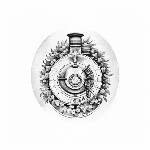 A vintage CP 1910 locomotive surrounded by a wreath of Corinthians symbols tattoo design idea