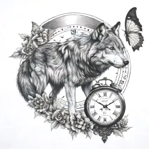 wolf clock  moon and butterflies  tattoo design idea