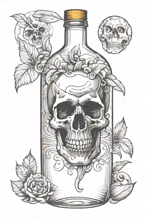 Reunion Island tattoo in a bottle of rum in the shape of a skull with volcanoes and the sea tattoo design idea