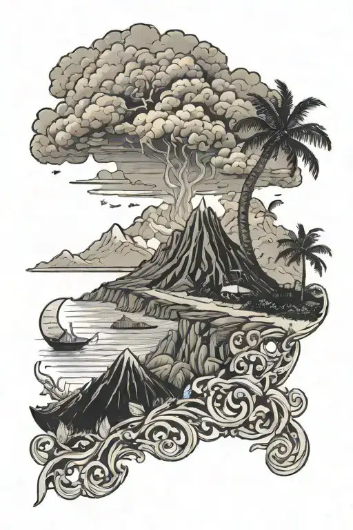 Reunion Island souvenir tattoo in a bottle of rum + put the theme of volcanoes + the sea tattoo design idea