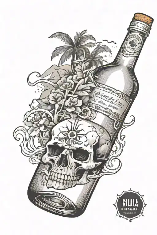 tattoo souvenirs from Reunion Island in a bottle of rum in the shape of a skull + with the theme of volcanoes + the sea tattoo design idea