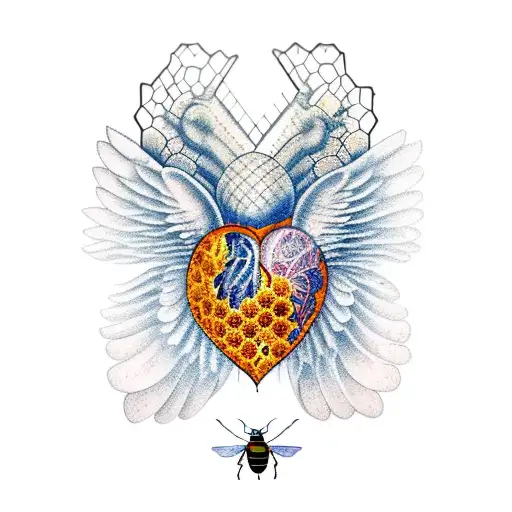 A  tattoo of an anatomical heart with wings made of honeycomb patterns, symbolizing the passion for medicine and bees. tattoo design idea