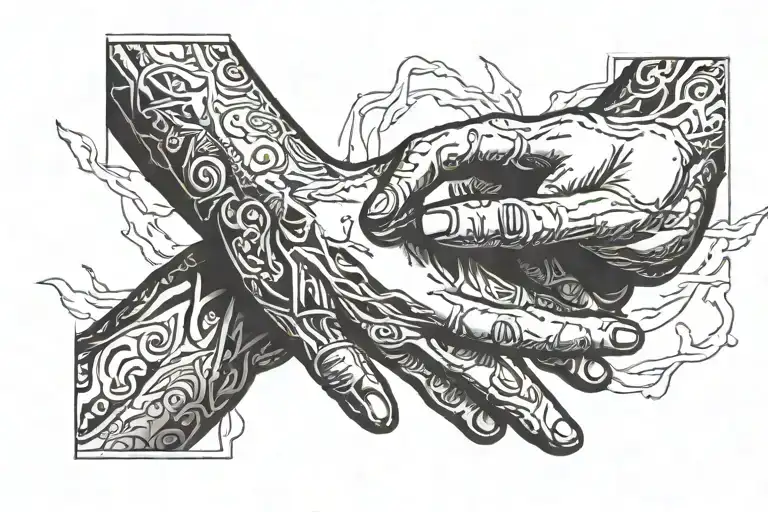 Black rectangle with "Creation of Adam" line art hands in white tattoo design idea