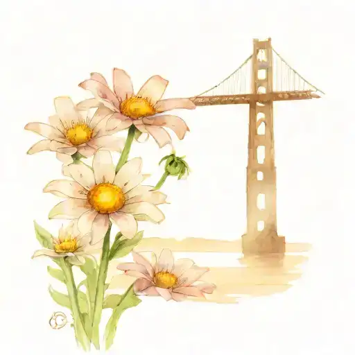 the golden Gates bridge, the date 1996, date 1958, phrase its ok and let the o be a daisy. tattoo design idea