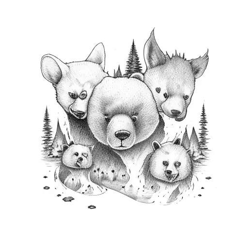 Script trio sibling tattoo with names Kinny Bear, Bubba and Boo. Outdoor wilderness theme.  tattoo design idea