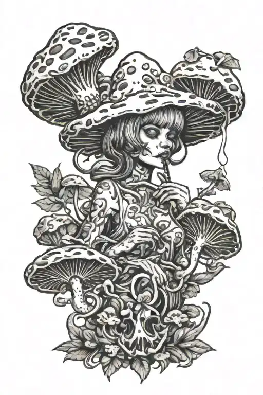 mushroom lady smoking joint with demon   tattoo design idea