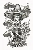 mushroom lady smoking joint with demon   tattoo design idea