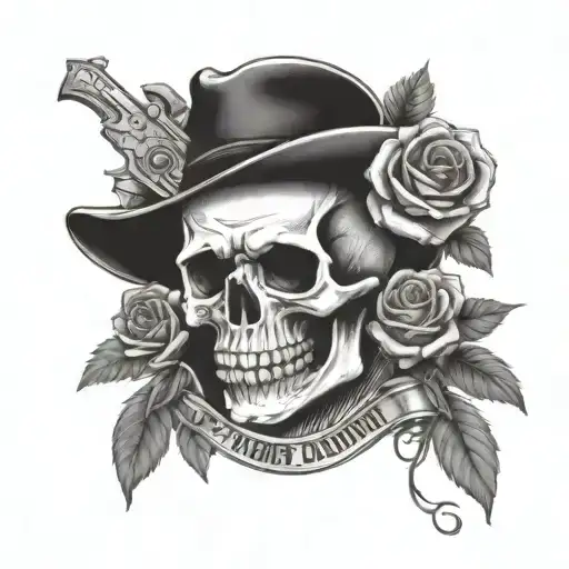 skull roses, knife, pistol and harley davidson motorcycle tattoo design idea