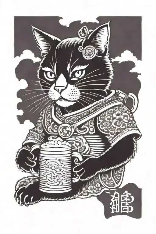 samurai cat with beer katana in the horizon   tattoo design idea