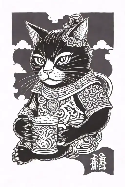 samurai cat with beer mug in the horizon   tattoo design idea