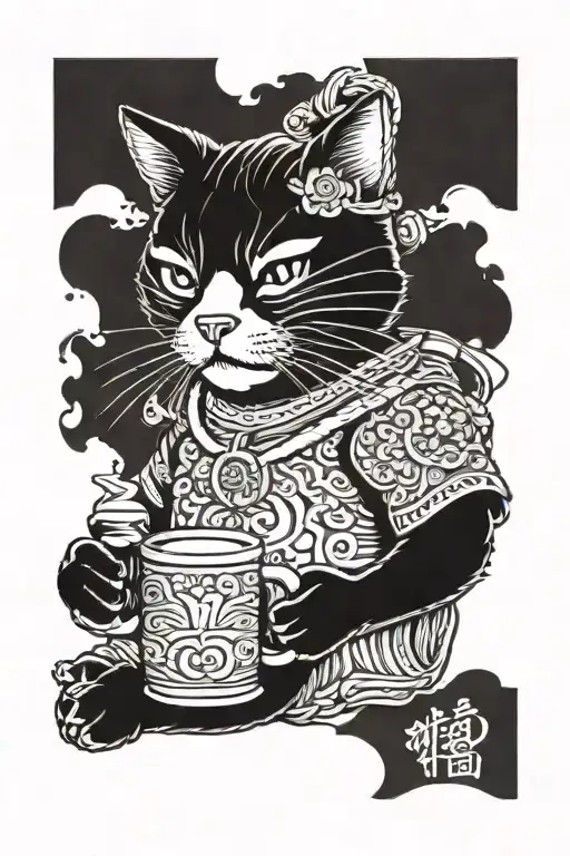 samurai cat with beer mug tattoo design idea