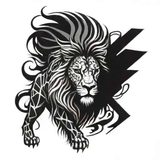 A fierce and powerful angry lion with intricate geometric patterns incorporated into its mane tattoo design idea