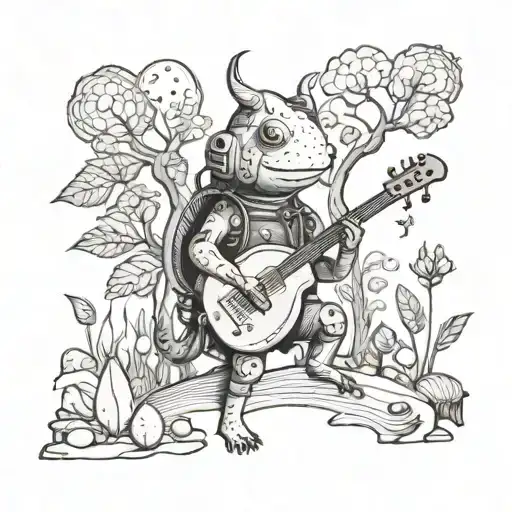 A mystical Pikmin creature playing a music instrument in a serene forest setting tattoo design idea