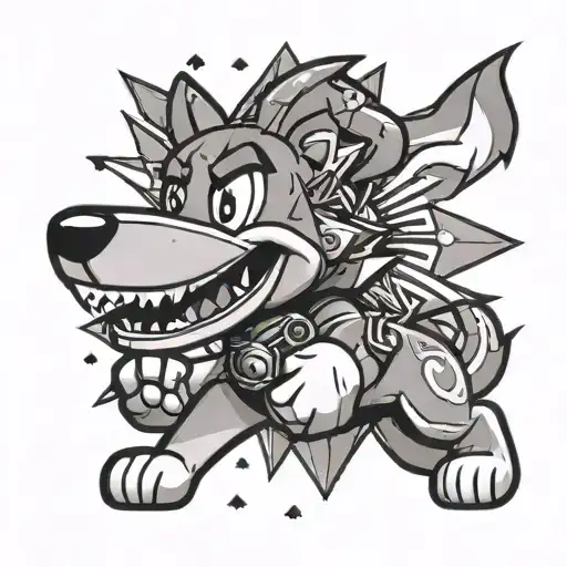 A paper Mario inspired design featuring a sun symbol and a husky companion tattoo design idea