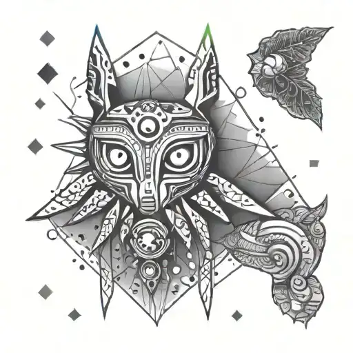 A geometric design incorporating elements from Majora's Mask and yoga poses tattoo design idea