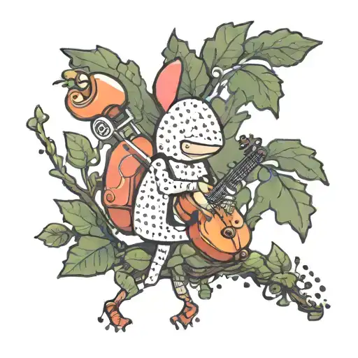 A whimsical tattoo of a pixelated Pikmin 3 character playing a musical instrument while hiking through a mystical forest tattoo design idea