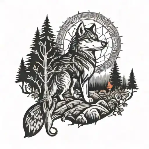 A blackwork tattoo of a red husky exploring a mystical forest inspired by Legend of Zelda tattoo design idea