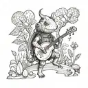 A mystical Pikmin creature playing a music instrument in a serene forest setting tattoo design idea