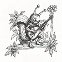 A mystical Pikmin creature playing a music instrument in a serene forest setting tattoo design idea
