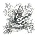 A mystical Pikmin creature playing a music instrument in a serene forest setting tattoo design idea