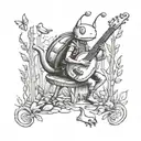 A mystical Pikmin creature playing a music instrument in a serene forest setting tattoo design idea