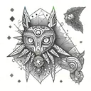 A geometric design incorporating elements from Majora's Mask and yoga poses tattoo design idea