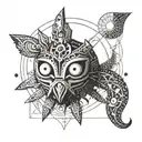 A geometric design incorporating elements from Majora's Mask and yoga poses tattoo design idea