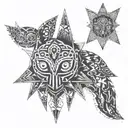 A geometric design incorporating elements from Majora's Mask and yoga poses tattoo design idea