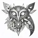 A geometric design incorporating elements from Majora's Mask and yoga poses tattoo design idea