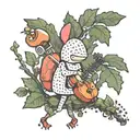 A whimsical tattoo of a pixelated Pikmin 3 character playing a musical instrument while hiking through a mystical forest tattoo design idea