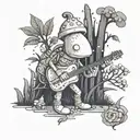 A whimsical tattoo of a pixelated Pikmin 3 character playing a musical instrument while hiking through a mystical forest tattoo design idea