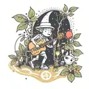 A whimsical tattoo of a pixelated Pikmin 3 character playing a musical instrument while hiking through a mystical forest tattoo design idea