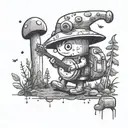 A whimsical tattoo of a pixelated Pikmin 3 character playing a musical instrument while hiking through a mystical forest tattoo design idea