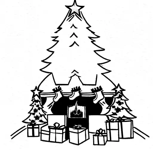 Christmas tree on the right, fireplace on the left with stockings. Presents under the tree with some skulls as presents. tattoo design idea