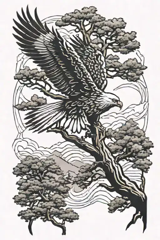 cedar tree and eagle soaring tattoo design idea