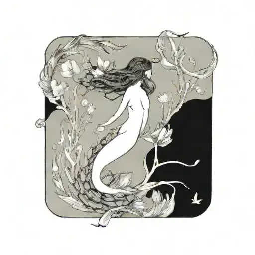 main subject is giant bladder kelp. there is a with a tiny hidden tail fin of a mermaid. no fish. tattoo design idea