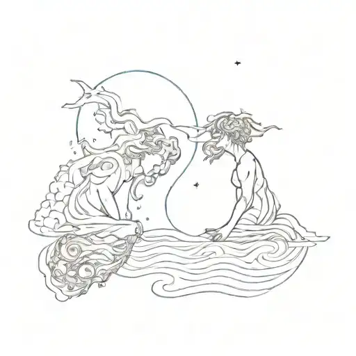 two subjects versus each other. one represents the ego which is bad, the other higher self which is good. with ocean tattoo design idea