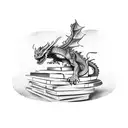 A majestic dragon perched on a stack of books, with dotwork patterns creating a sense of depth tattoo design idea