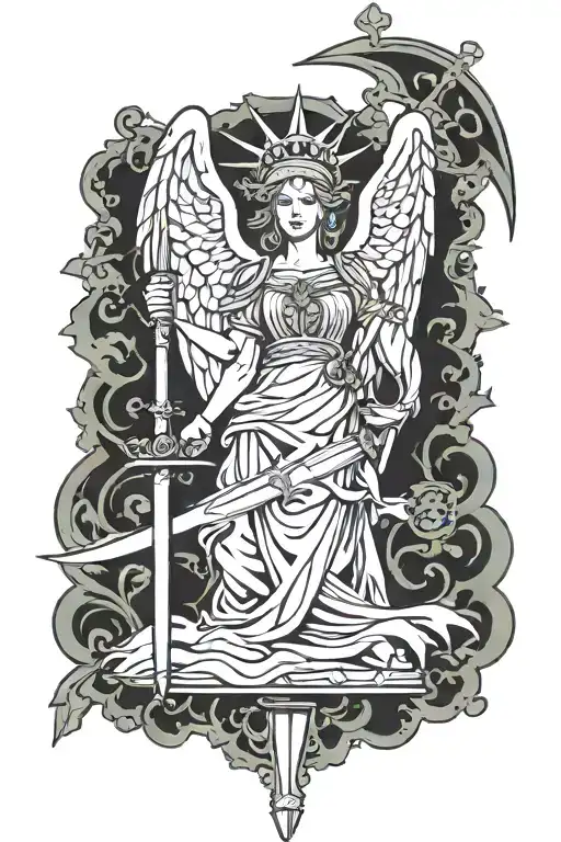 lady liberty angel holding scale and sword tattoo tattoo design idea