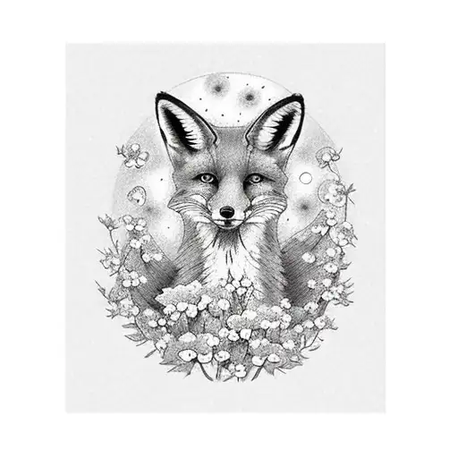 A fox sits under a tree and looks up at the night sky in a frame of the Forget Me Not flower tattoo design idea