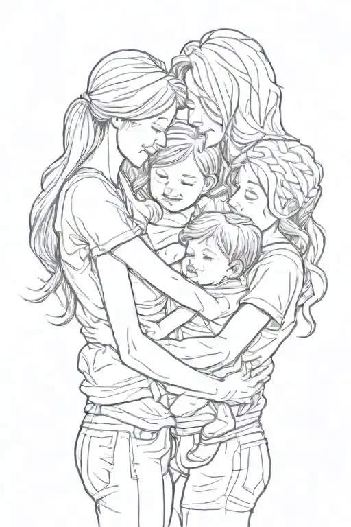 little son, mom and daughter hug each other tattoo design idea