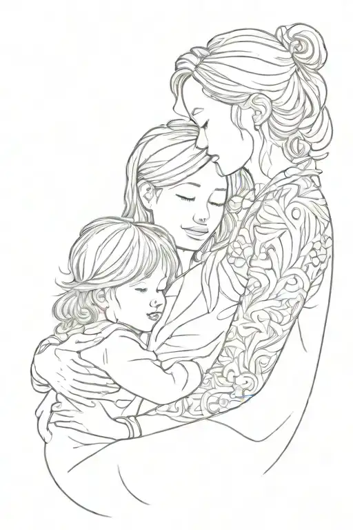one little son, mom and one daughter hug each other tattoo design idea