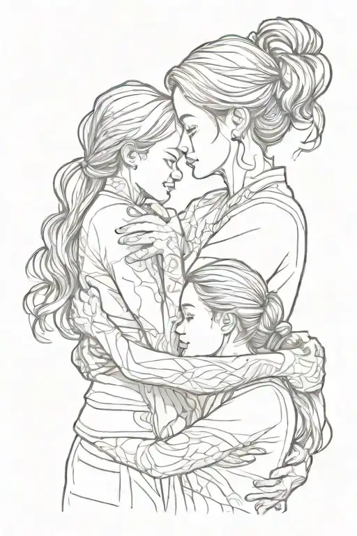 son, mom and daughter hug each other tattoo design idea