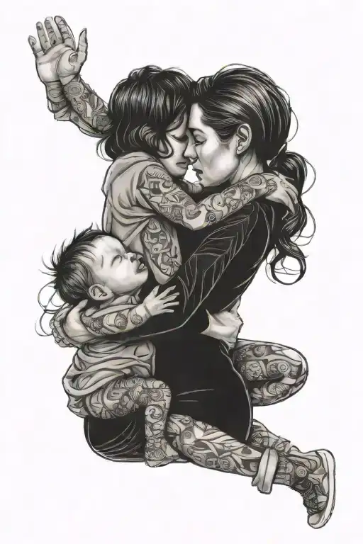 mom hugging a baby boy and a 5 years old daughter tattoo design idea