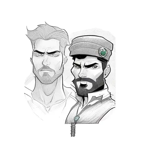 draw a little one in the style of a comic book sketch, with a man (black and white) facing the agricultural plant (green tattoo design idea