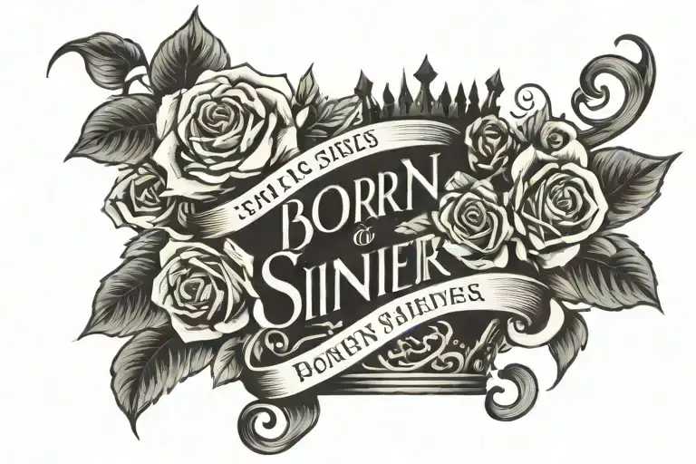 Says “Born Sinner” with a curve, and a crown above but in between the 2 words, surrounded by roses and faded  tattoo design idea