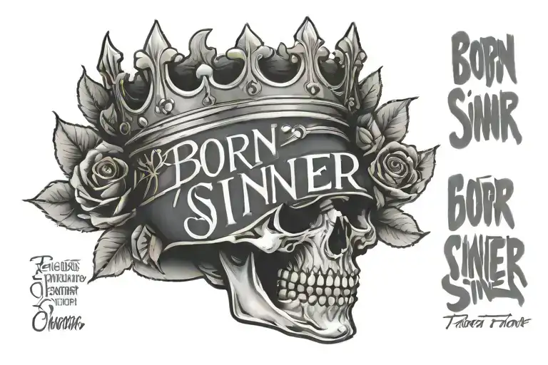 Generate an upper arm tattoo, that says “Born Sinner” with jcoles born sinner crown above but in between the words “born tattoo design idea