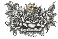 Says “Born Sinner” with a curve, and a crown above but in between the 2 words, surrounded by roses and faded  tattoo design idea