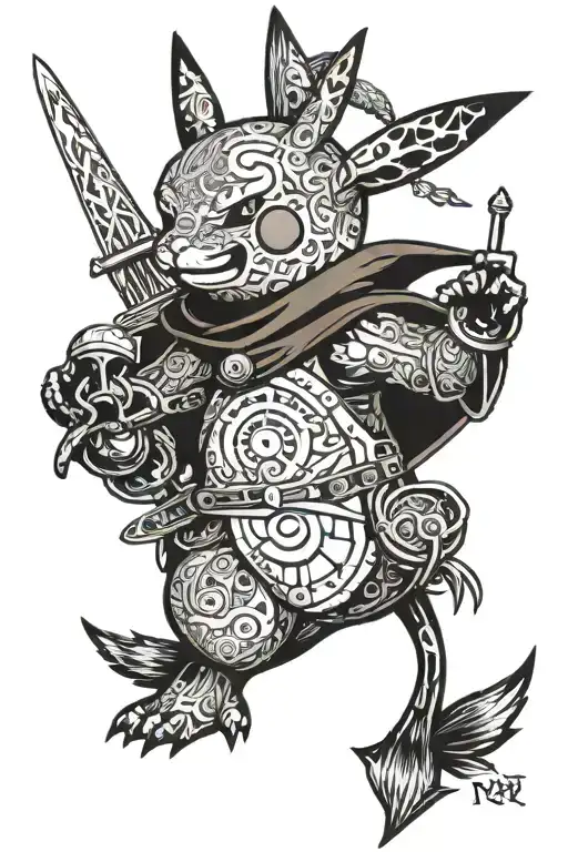 Woodstock riding pikachu wearing Sauron armor tattoo wielding a great sword  tattoo design idea