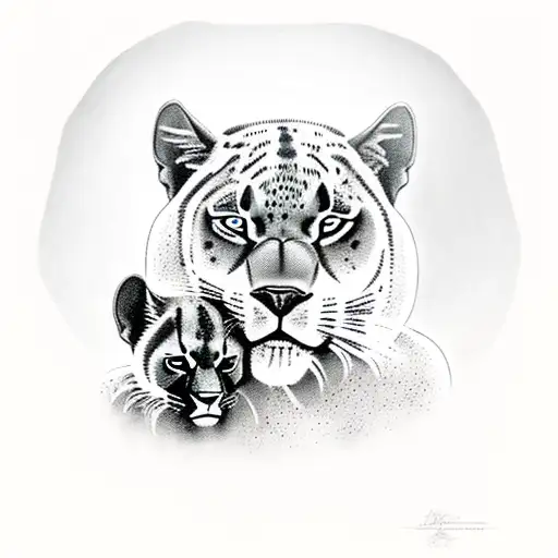 mother black panther with 2 male cubs lying in an acacia tree on the African Savannah  tattoo design idea